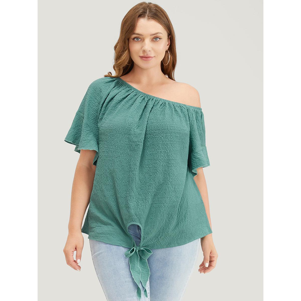 Plus Size Teal Solid Cut Out Knotted Hem Ruffle Sleeve One Shoulder Blouse Women Elegant Short sleeve One Shoulder Dailywear Blouses BloomChic 28/5X Product Image
