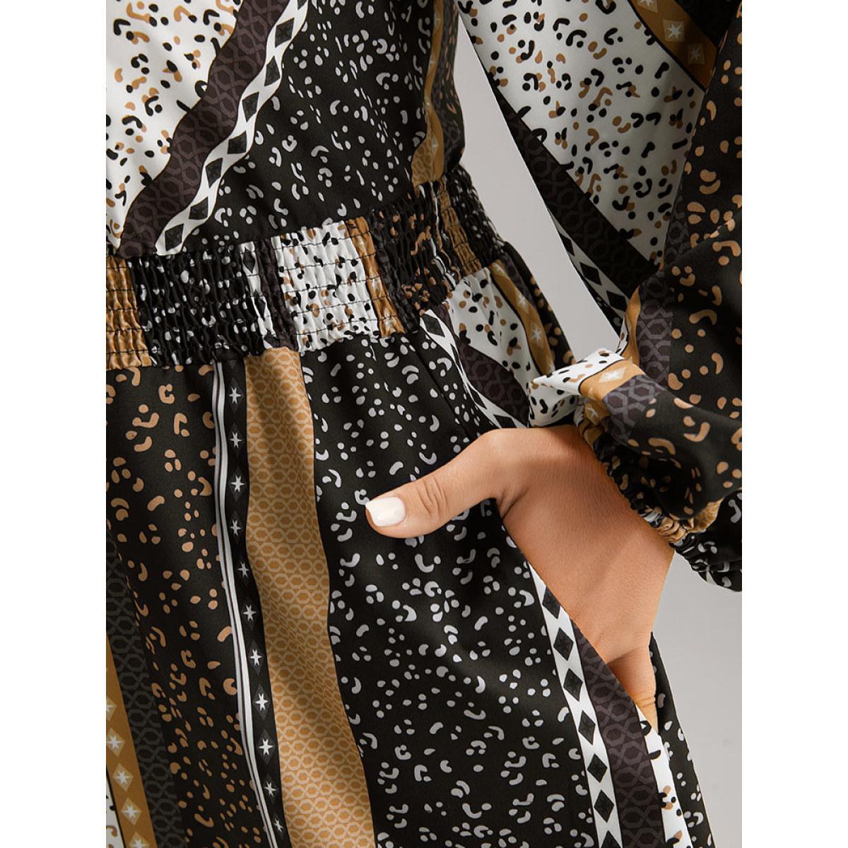 Plus Size Boho Print Striped Shirred Wrap Dress Leopard Women Vacation Elastic cuffs V-neck Long Sleeve Curvy Midi Dress BloomChic 12/L Product Image