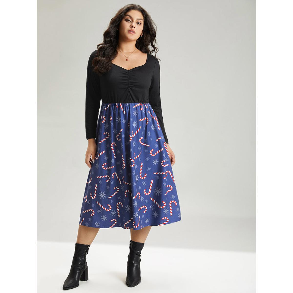 Plus Size Snowflake & Christmas Candy Print Pocket Ruched Dress DarkBlue Women Elegant Gathered Square Neck Long Sleeve Curvy Midi Dress BloomChic 14-16/1X Product Image