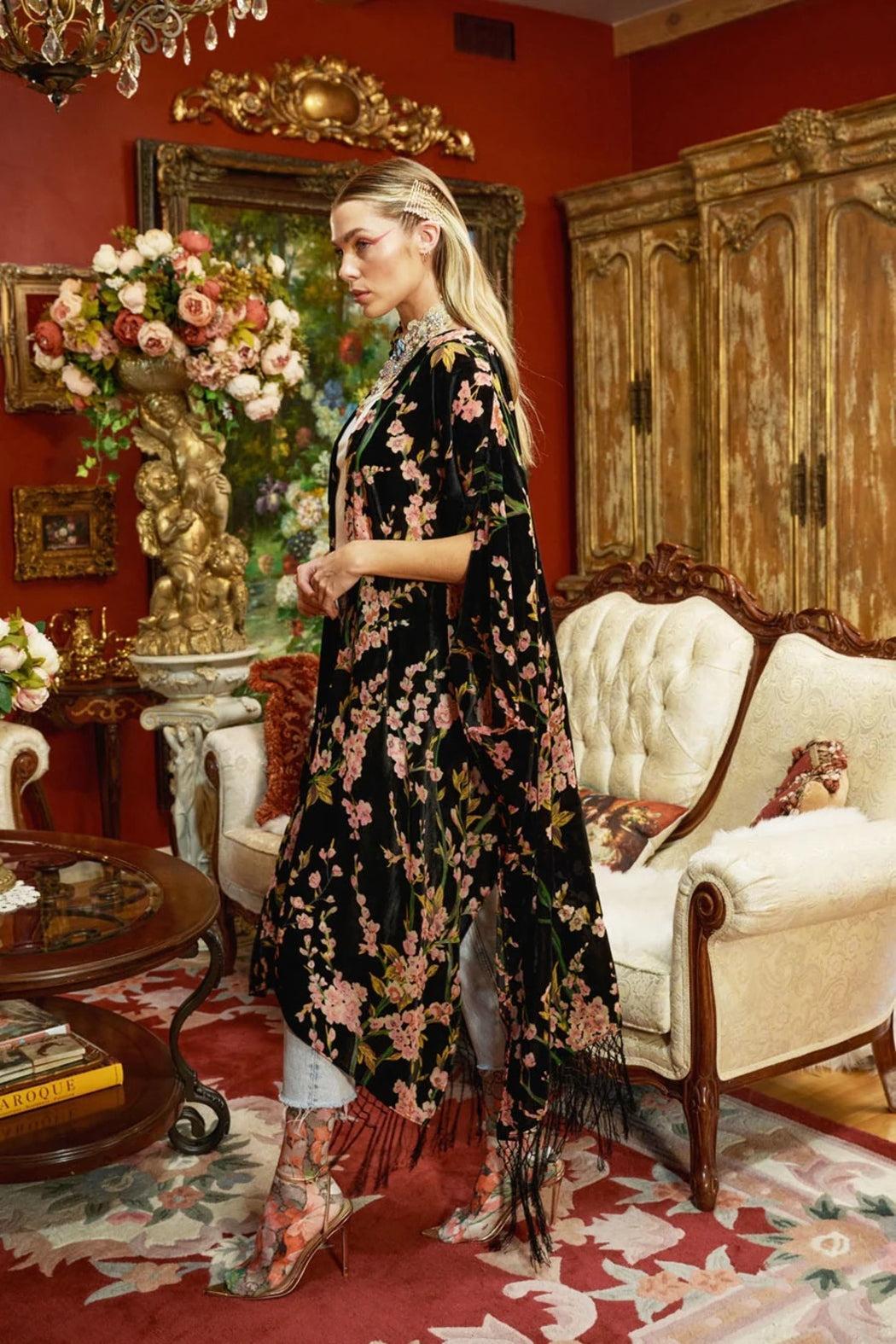 Black Floral Velvet Kimono Product Image
