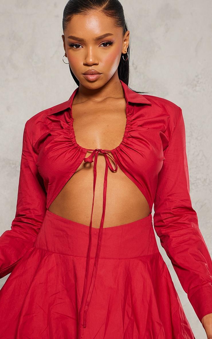 Red Ruched Cut Out Detail Puffball Dress Product Image