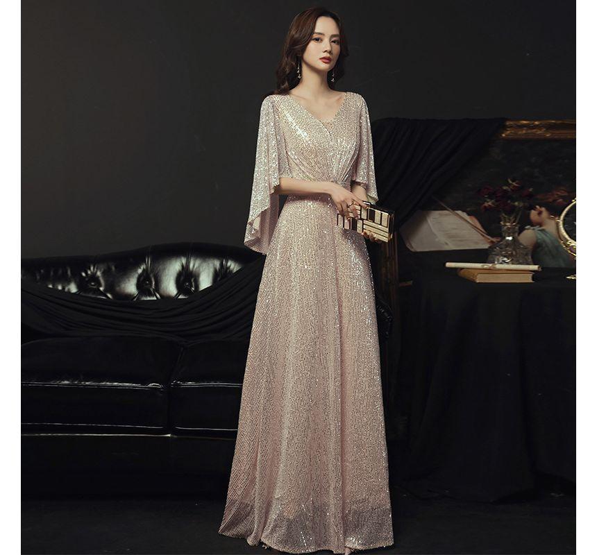 Elbow-Sleeve V-Neck Sequined Belted A-Line Evening Gown Product Image