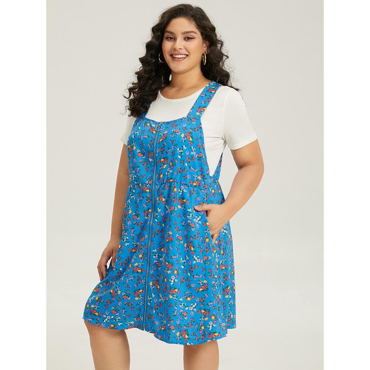 Plus Size Ditsy Floral Pocket Zipper Overall Cami Dress Blue Women Casual Zipper Spaghetti Strap Sleeveless Curvy Knee Dress BloomChic 28/5X Product Image