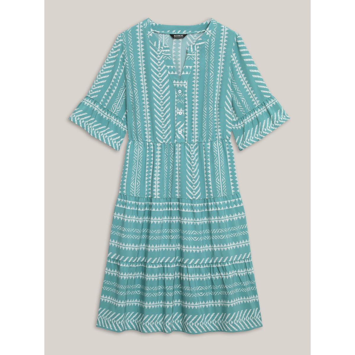 Plus Size Boho Stripe Print Stretchy Waist Midi Dress Turquoise Women Resort Button Flat collar with V-notch Half Sleeve Curvy BloomChic 26/4X Product Image