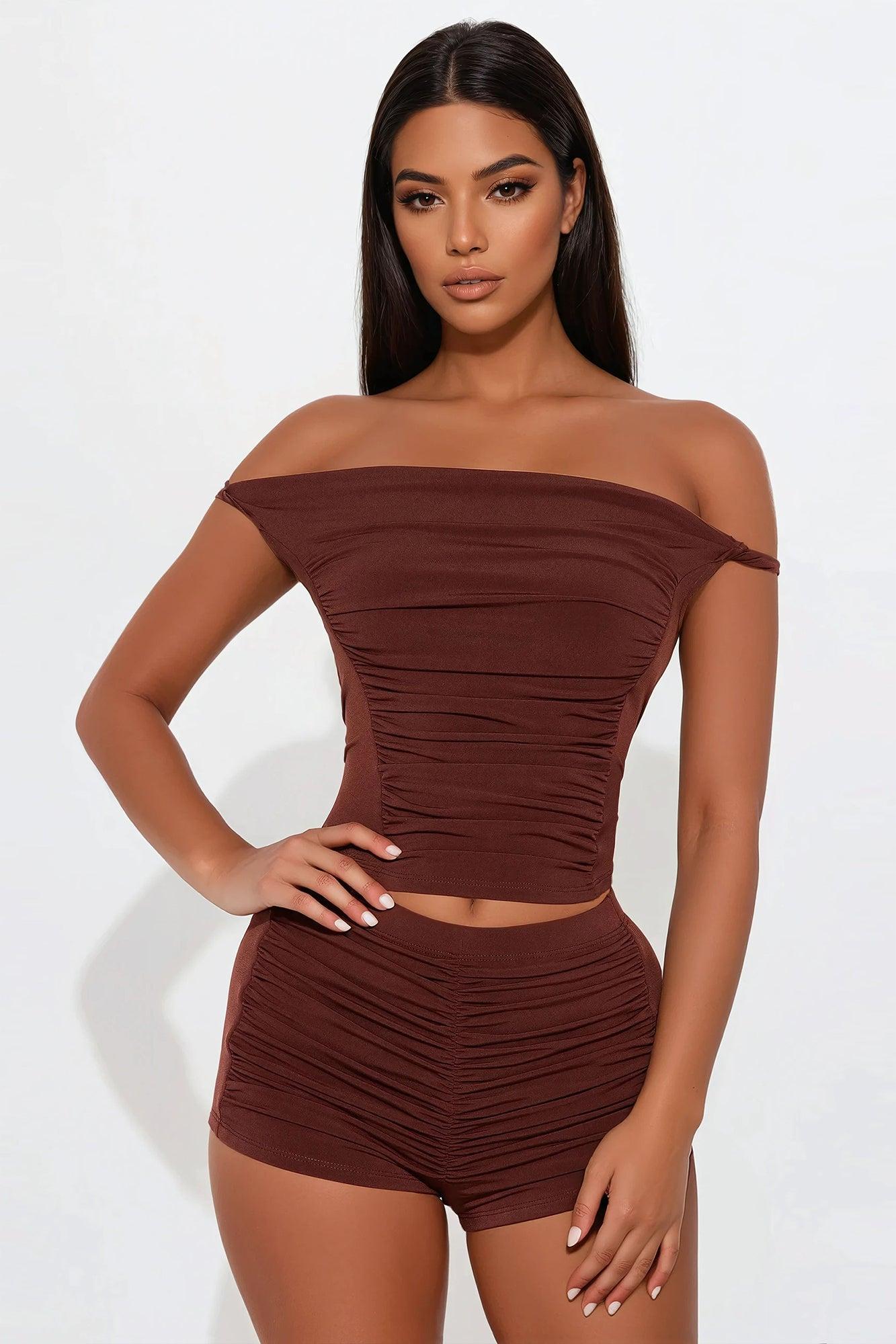 Vanessa Off Shoulder Micro Short Set - Brown Product Image