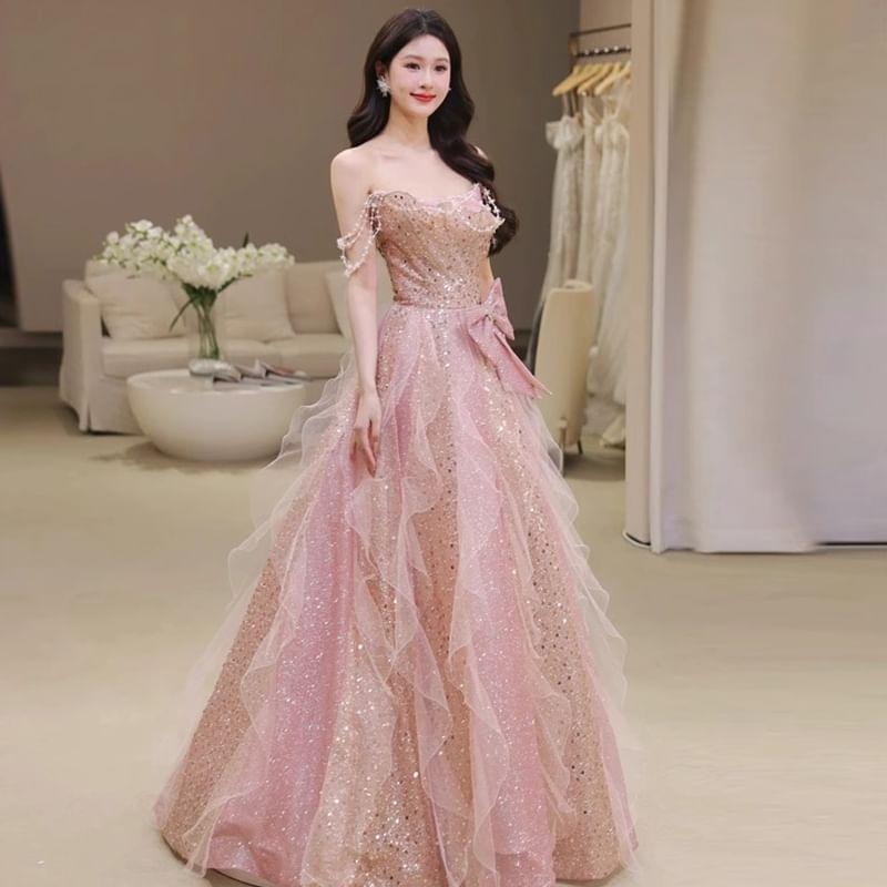 Sequin Bow Ruffle Mesh A-Line Tube Evening Gown Product Image
