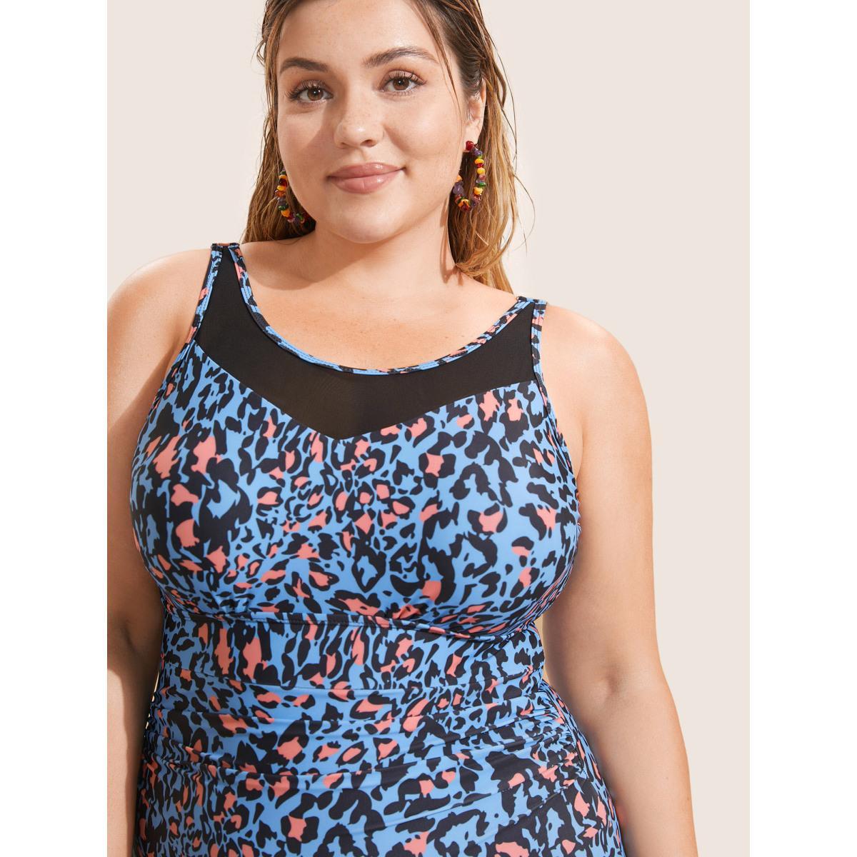 Plus Size Leopard Print Gathered See Through One Piece Swimsuit Women's Swimwear Cerulean Beach Gathered Curve Bathing Suits High stretch One Pieces BloomChic 12/L Product Image