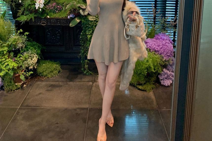 Long-Sleeve V-Neck Plain Knit Mini A-Line Dress Product Image