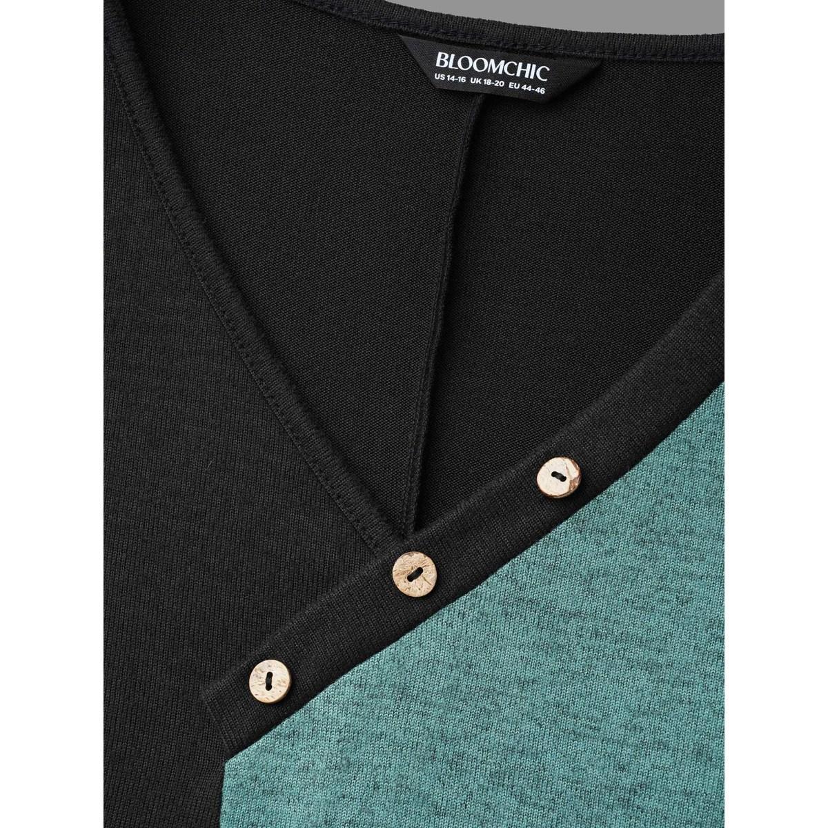 Plus Size V Neck Contrast Patchwork Button Detail Dress Black Women Casual Contrast Knit Dresses Bloomchic 30/6X Product Image