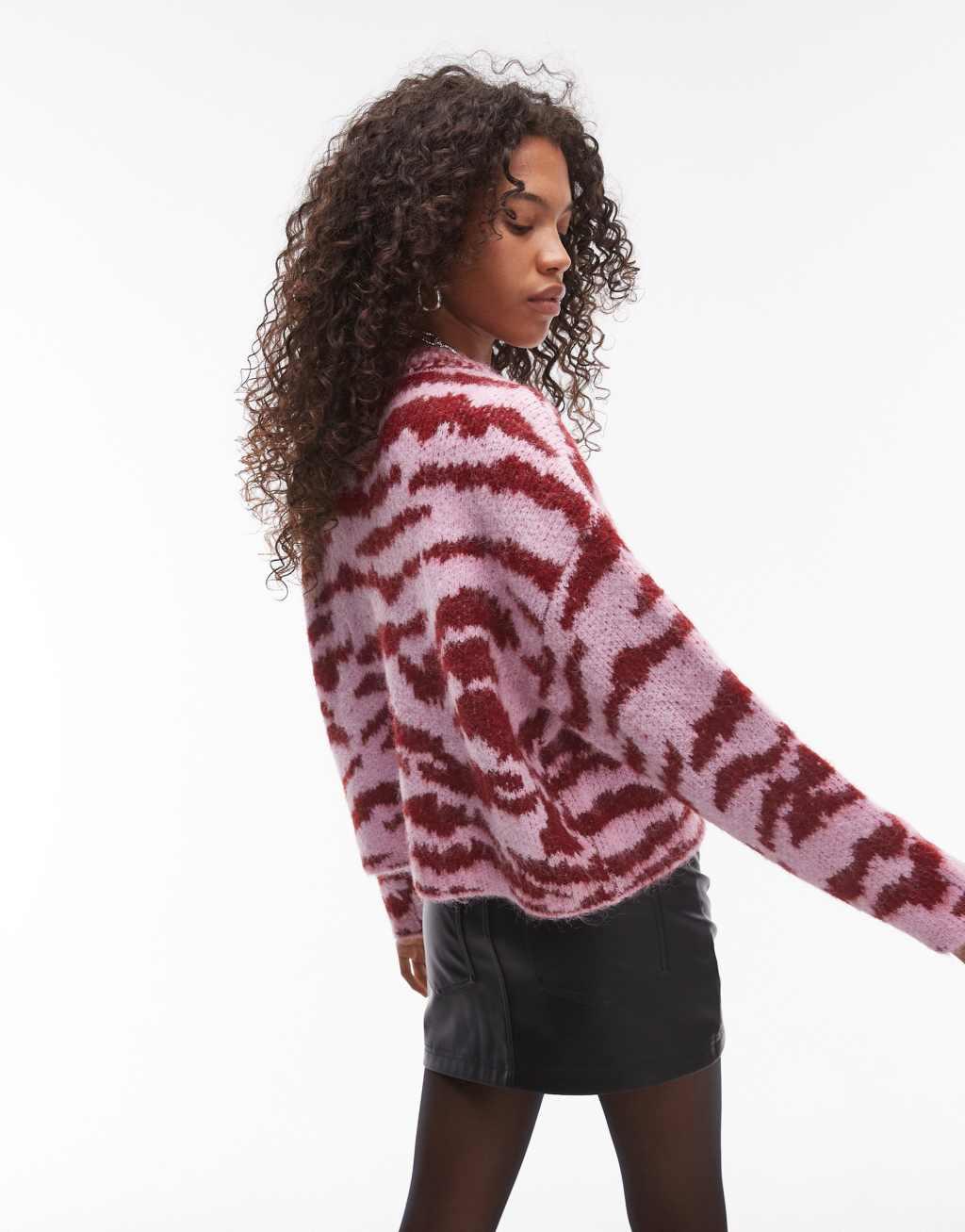 Topshop knitted fluffy relaxed ultimate sweater in pink and red zebra Product Image