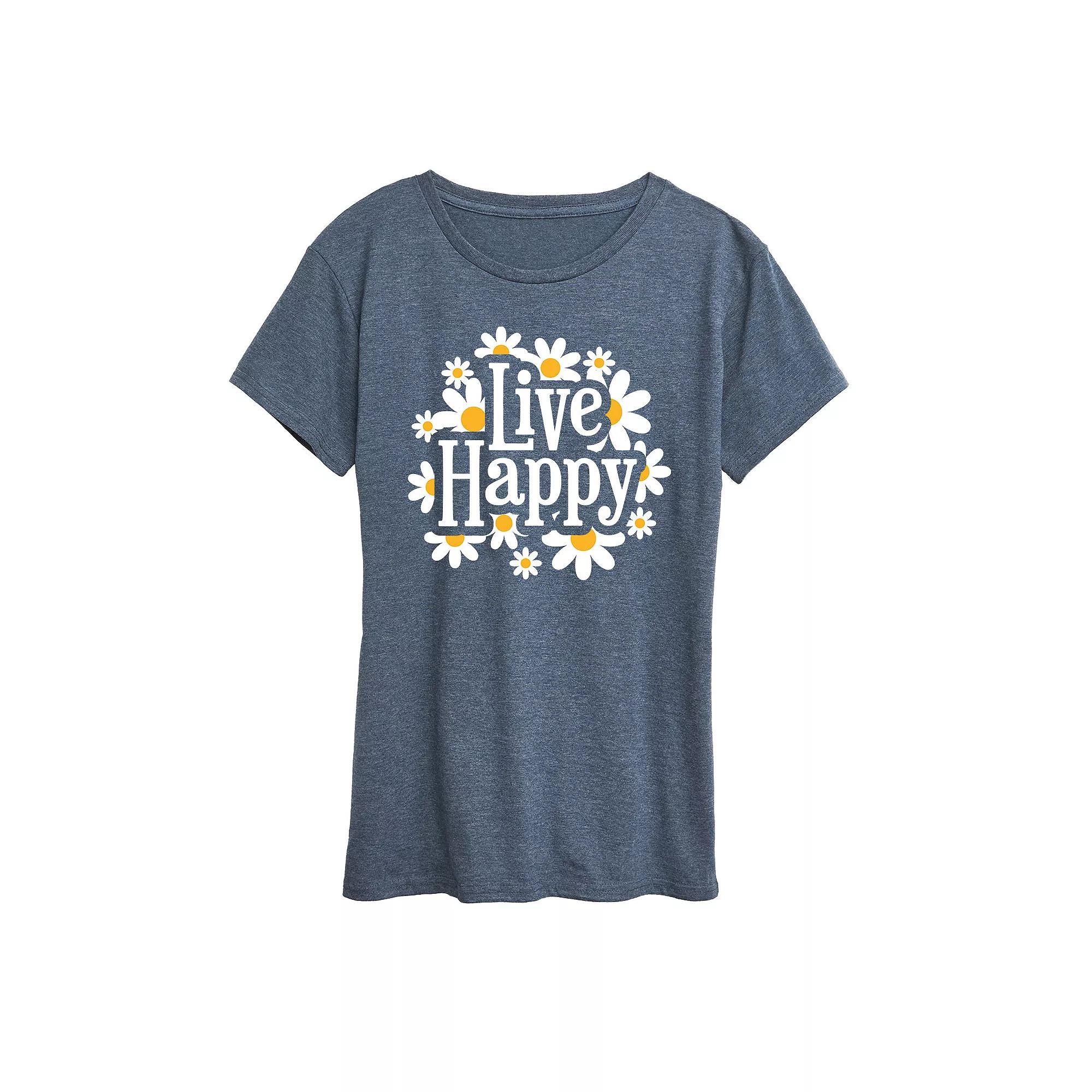Womens Live Happy Daisies Graphic Tee Grey Blue Product Image