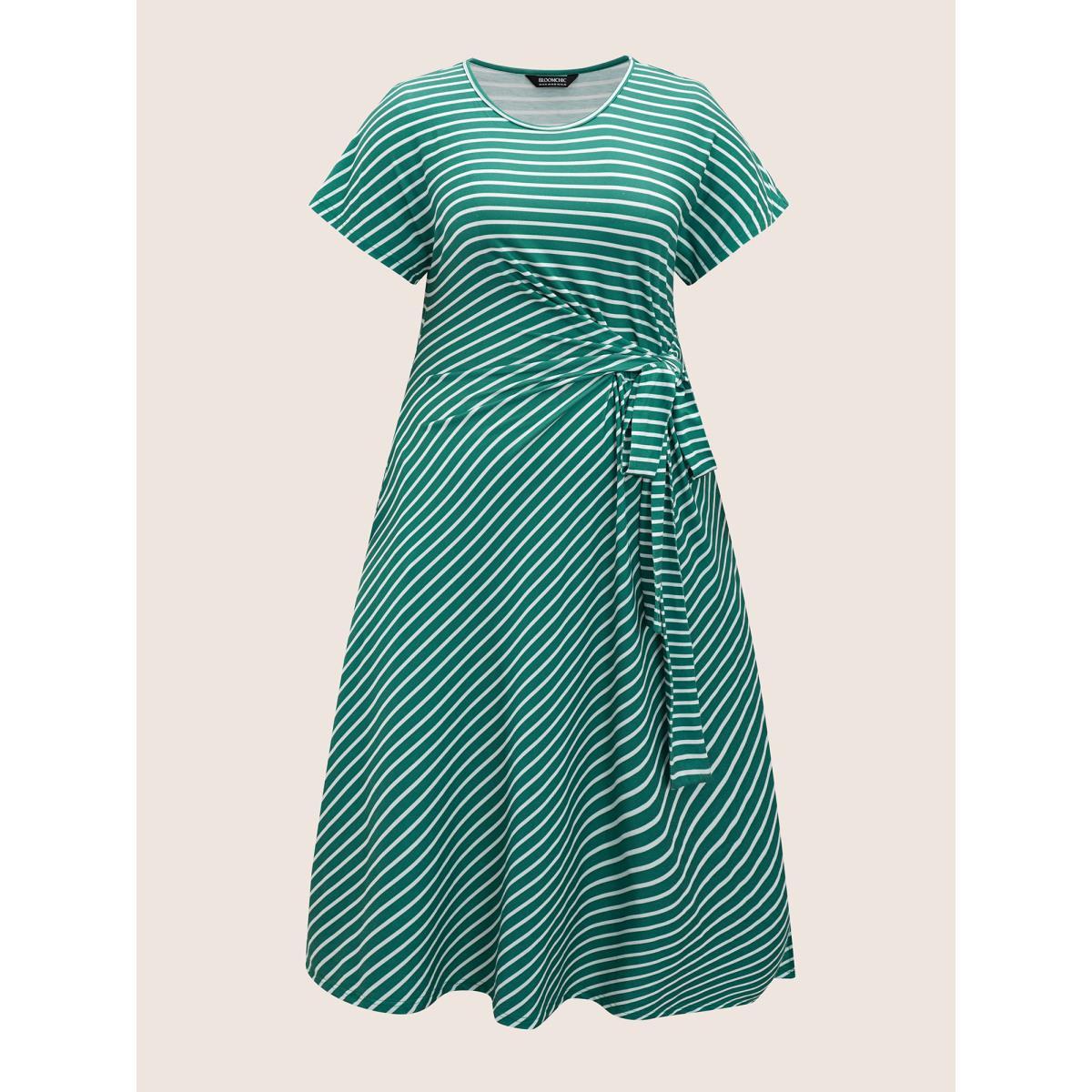 Plus Size Striped Tie Knot Batwing Sleeve Split Side Dress Emerald Women Casual Tie knot Round Neck Cap Sleeve Curvy BloomChic 10/M Product Image
