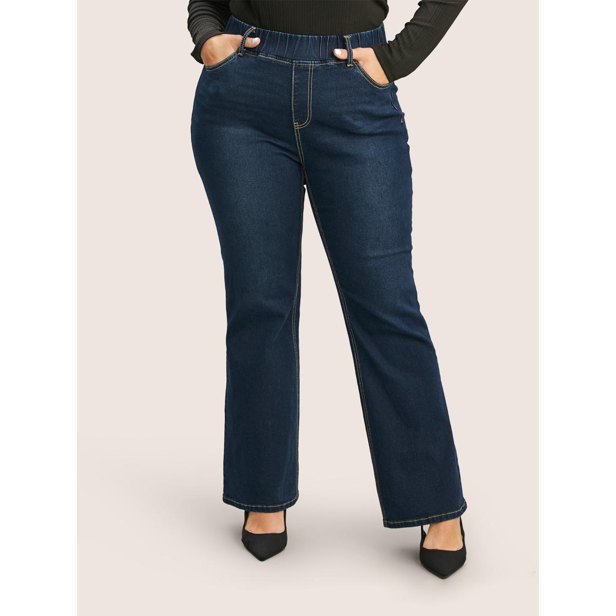 Plus Size Solid Elastic Waist Pocket Full Length Jeans Women Indigo Casual Plain Plain High stretch Slanted pocket Jeans BloomChic 30/6X Product Image