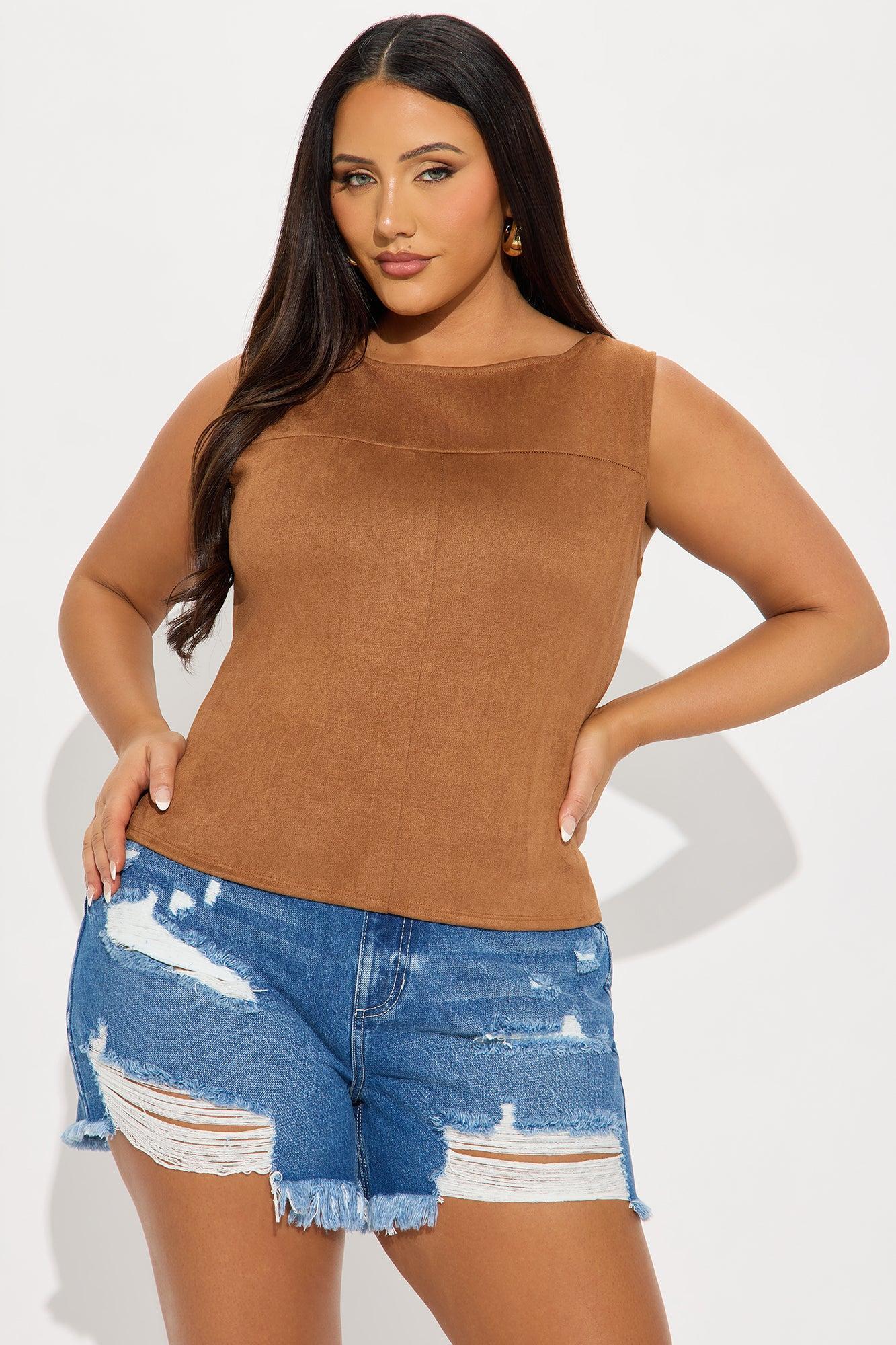 Ori High Neck Faux Suede Top - Camel Product Image