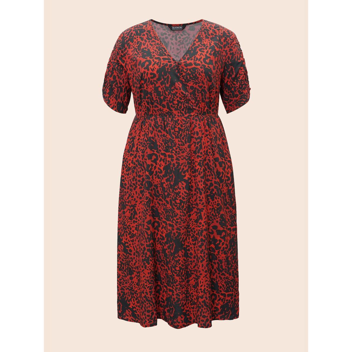 Plus Size Leopard Print V Neck Gathered Dress Burgundy Women Elegant Gathered Overlap Collar Short sleeve Curvy BloomChic 30/6X Product Image