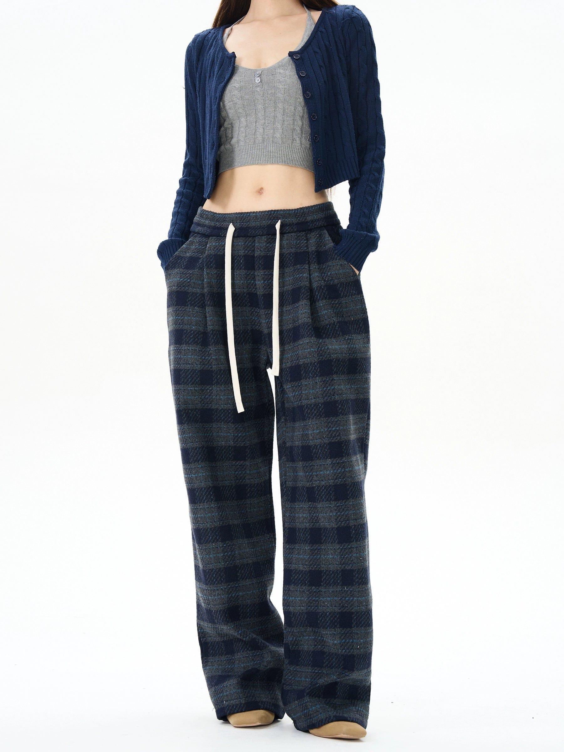 RT No. 12173 BLUE PLAID STRAIGHT DRAWSTRING SWEATPANTS Product Image