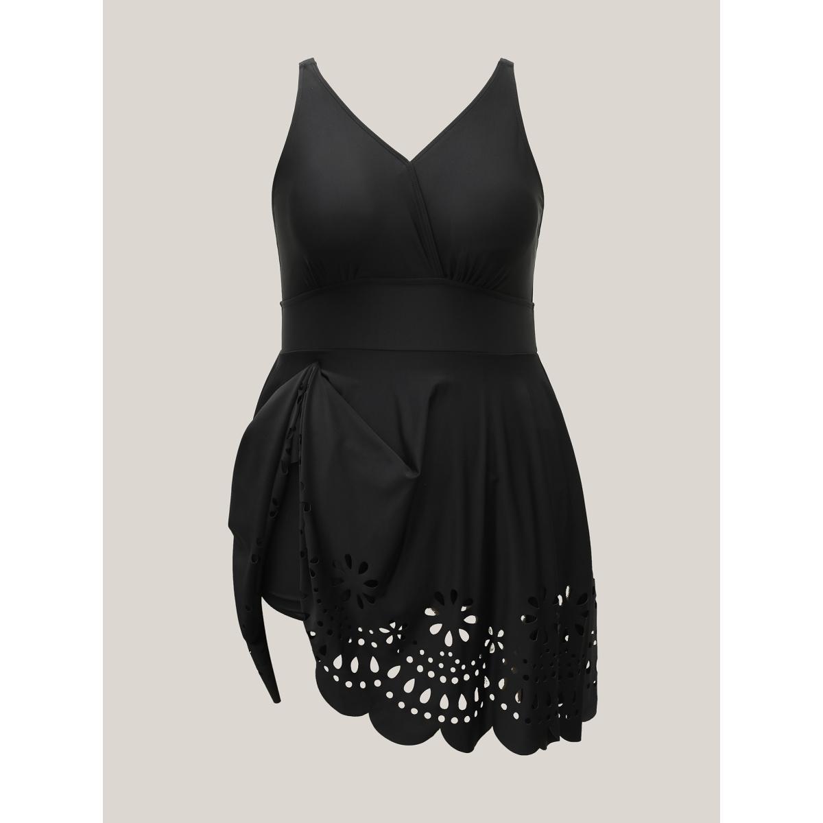 Plus Size Laser Cut Surplice Neck Waist-Cinched Swim Dress Women's Swimwear Black Beach Bodycon Overlap Collar High stretch Curve Swim Dresses BloomChic 18-20/2X Product Image