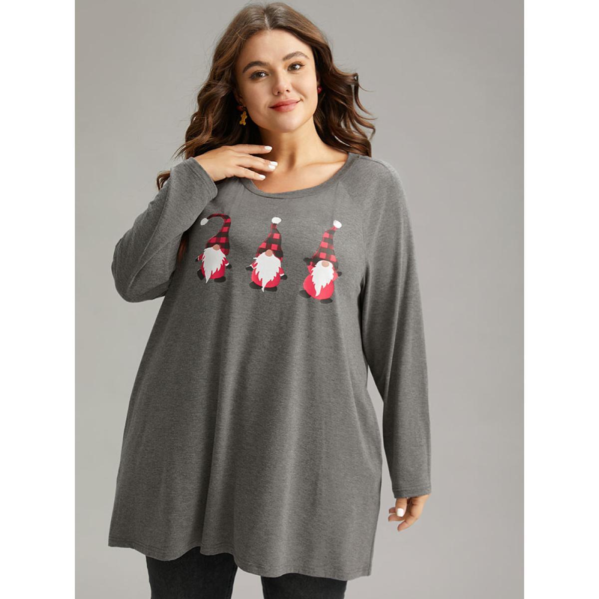 Plus Size Santa Claus Print Long Sleeve T-shirt Gray Women Casual Printed Christmas Dailywear T-shirts BloomChic 22-24/3X Product Image