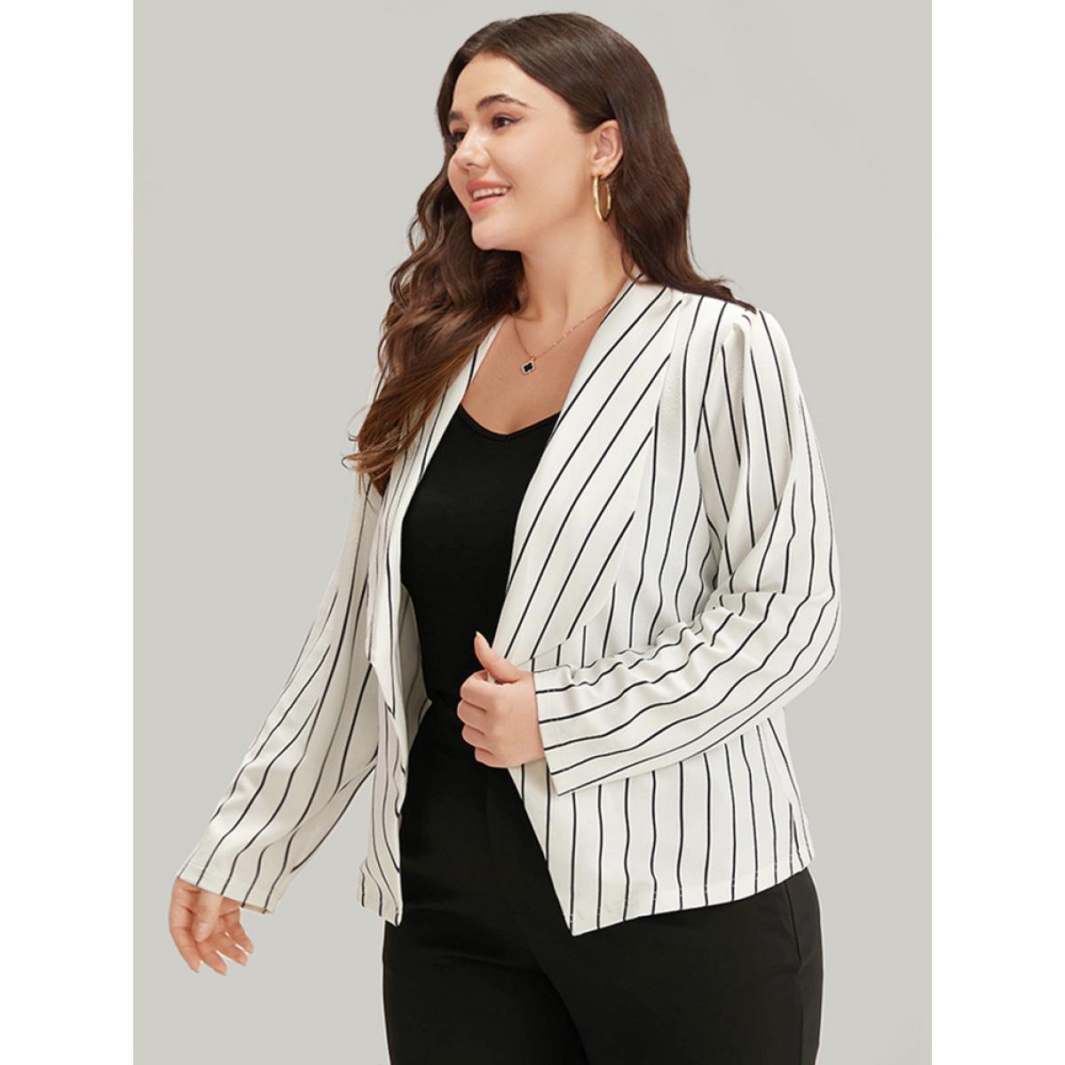 Plus Size Striped Lapel Collar Open Front Blazer White Women Work Striped Asymmetrical Sleeve Long Sleeve Lapel Collar 26/4X At the Office Blazers BloomChic Product Image