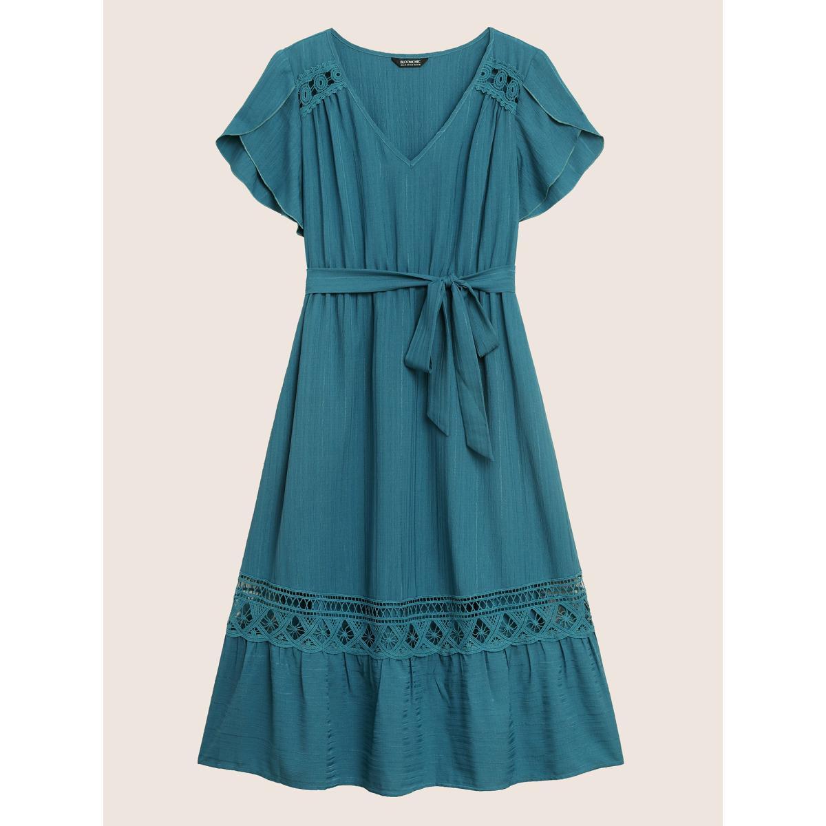 Plus Size Solid Crochet Lace Petal Sleeve Dress Aegean Women Elegant Woven ribbon&lace trim V-neck Short sleeve Curvy BloomChic 10/M Product Image