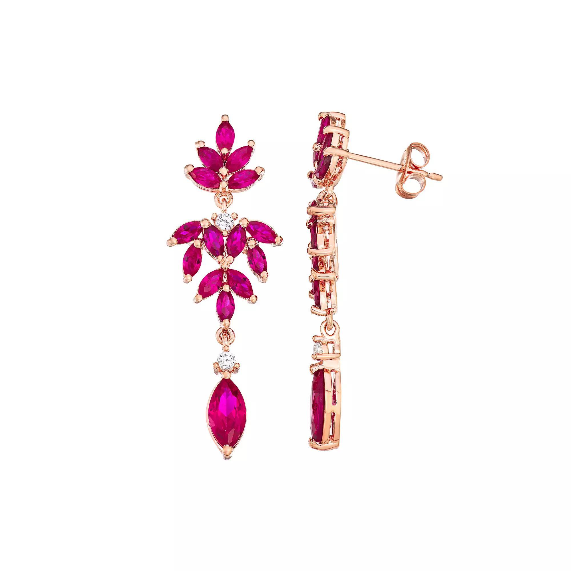 14k Rose Gold Over Silver Lab Created Ruby & White Sapphire Flower Earrings, Womens, Pink Tone Product Image