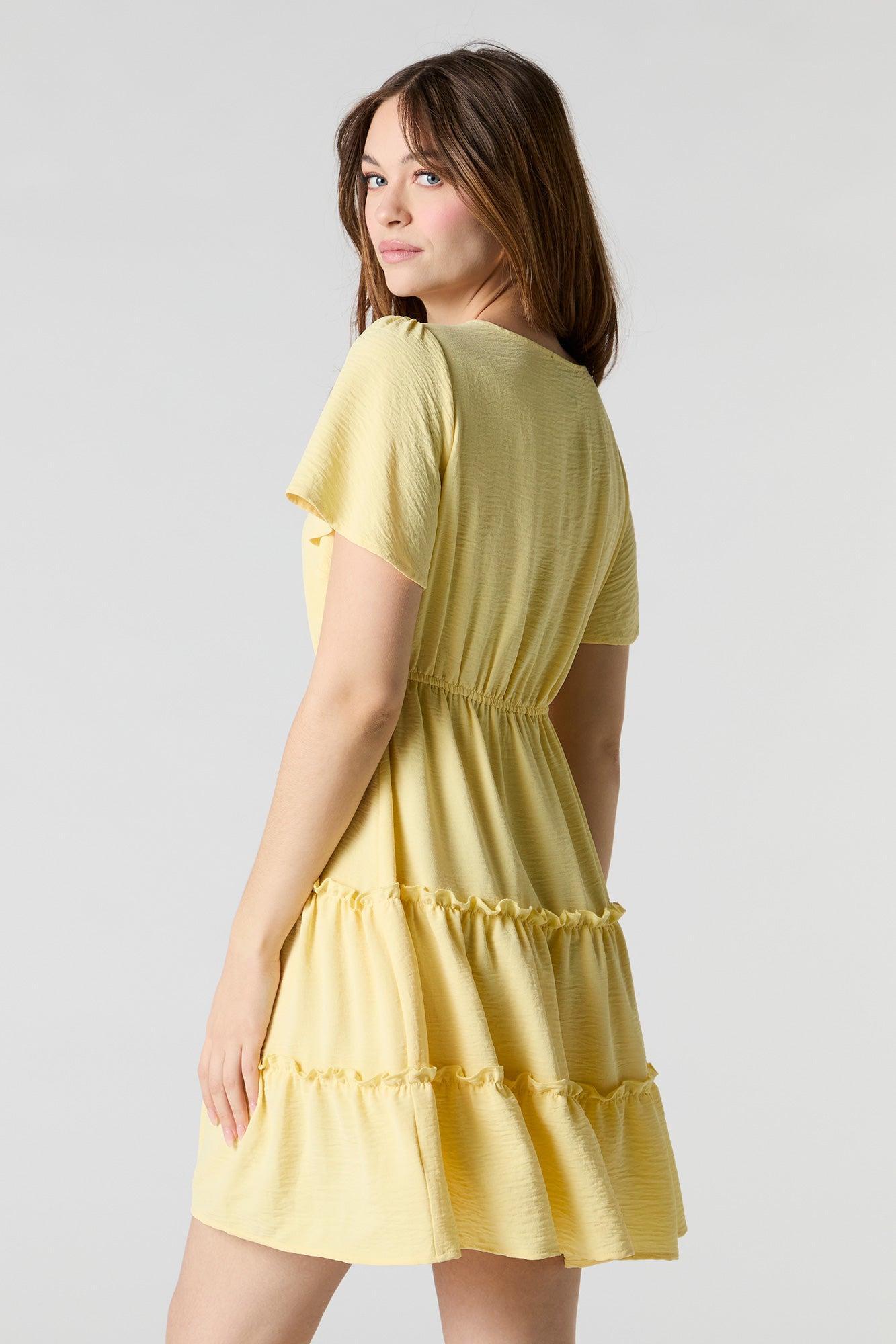Button Front Short Sleeve Tiered Mini Dress Female Product Image