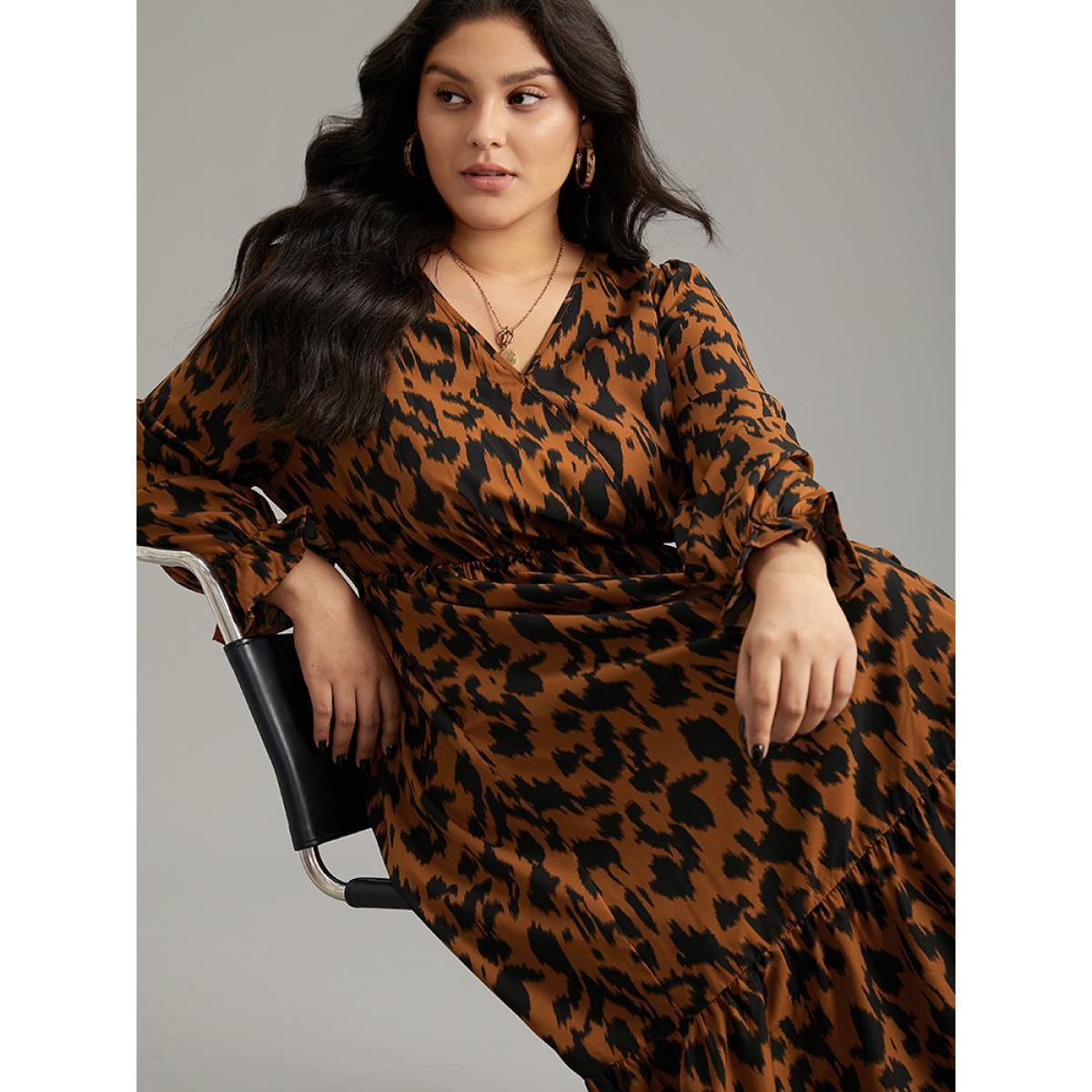 Plus Size Overlap Collar Leopard Gathered Ruffles Dress Chocolate Women Office Wrap Overlap Collar Long Sleeve Curvy Midi Dress BloomChic 28/5X Product Image
