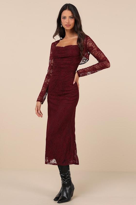 Certainly Iconic Burgundy Lace Midi Dress and Shrug Set Product Image