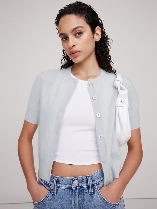 Lightweight Brushed Cashmere Short-Sleeve Cardigan Sweater Product Image