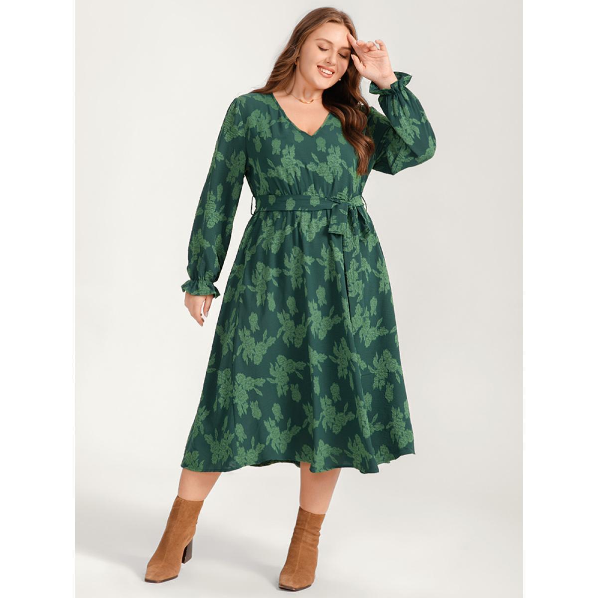 Plus Size Floral Print Lantern Sleeve Pocket Belted Midi Dress Green Women Elegant Pocket V-neck Long Sleeve Curvy Midi Dress BloomChic 12/L Product Image