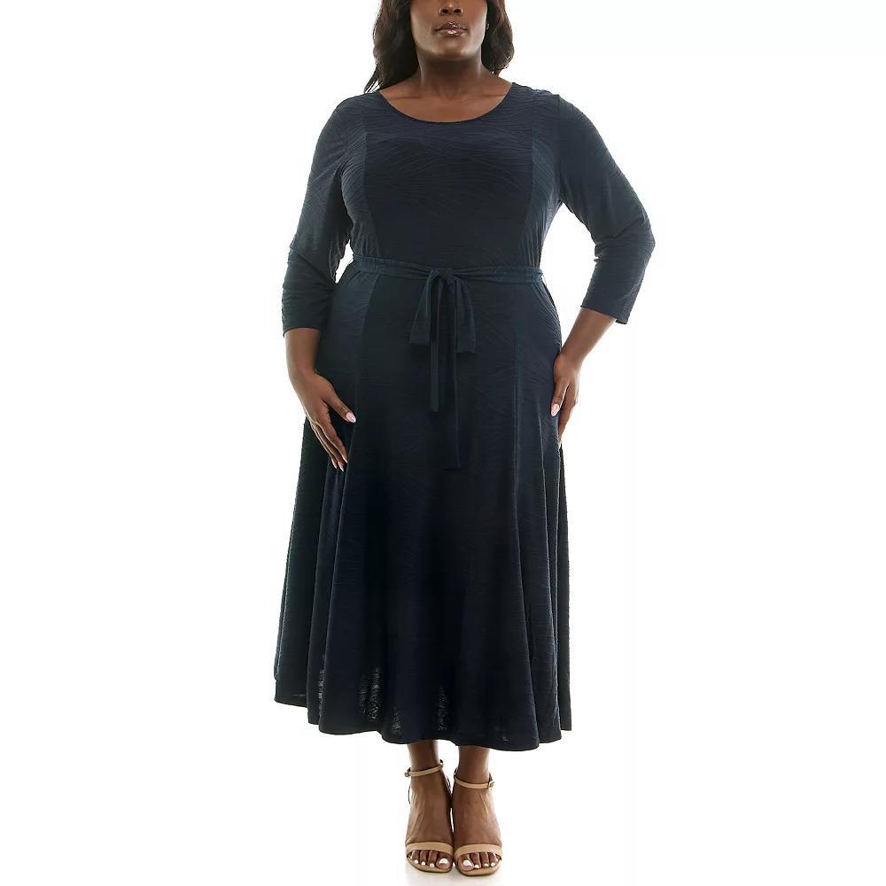 Plus Size Nina Leonard Midi Stitched Sylvia Dress with Sash Belt, Women's, Size: 2XL, Blue Stitched Product Image