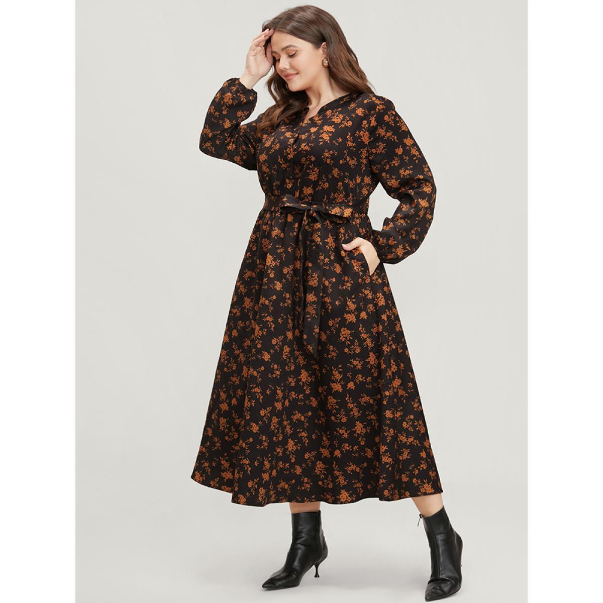 Plus Size Ditsy Floral Pocket Belted Lantern Sleeve Midi Dress Black Women Elegant Button V-neck Long Sleeve Curvy Midi Dress BloomChic 14-16/1X Product Image