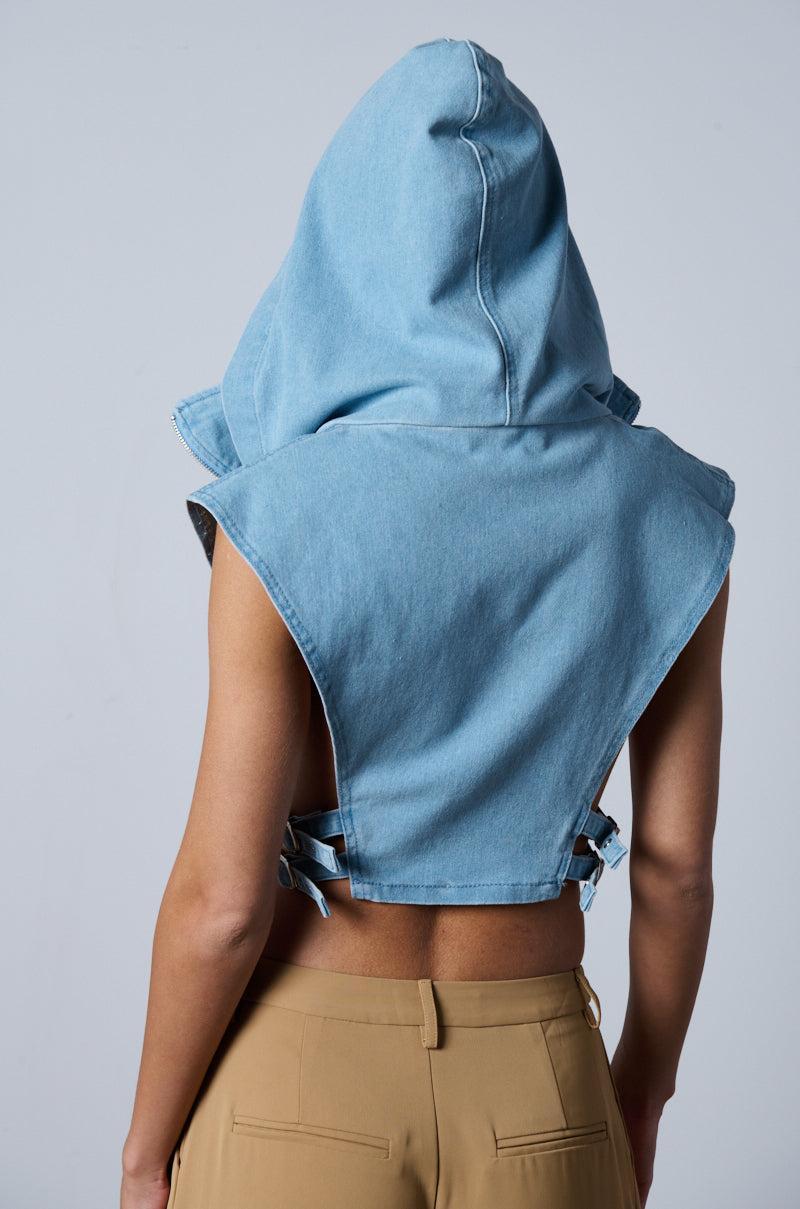 HOODED DENIM ZIP UP CUT OUT TOP Product Image
