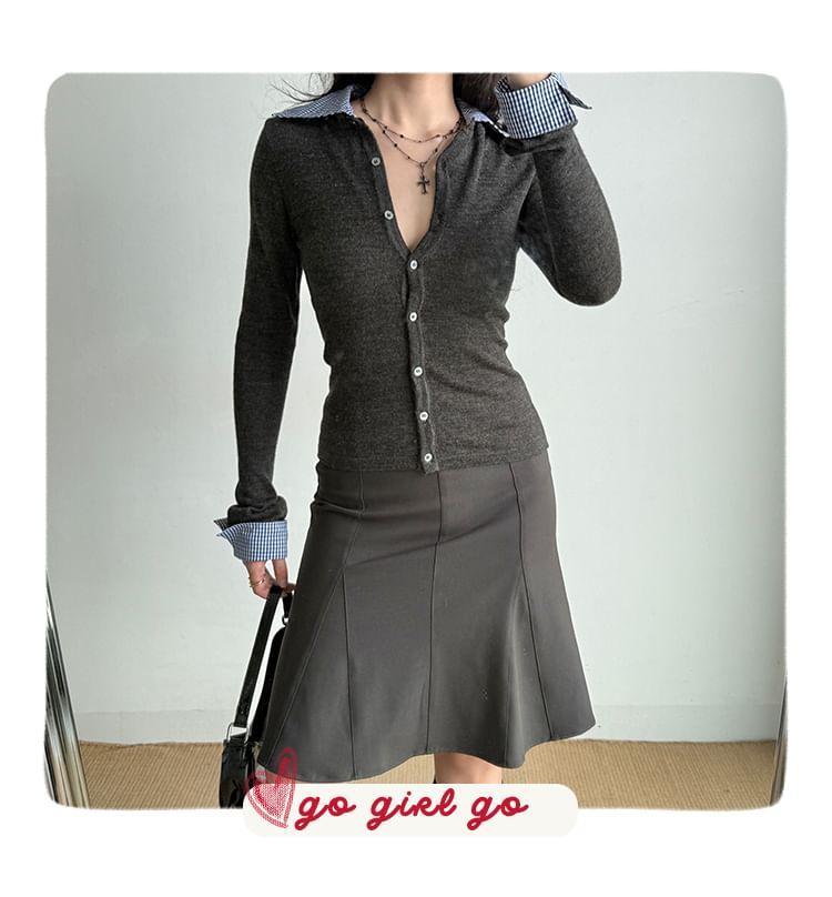 Collared Mock Two-Piece Plaid Panel Button-Up Cardigan Product Image
