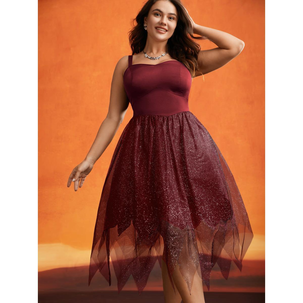 Plus Size Enchanted Shiny Mesh Petal Hem Midi Dress Burgundy Women Cocktail Texture Party Curvy Bloomchic 18-20/2X Product Image