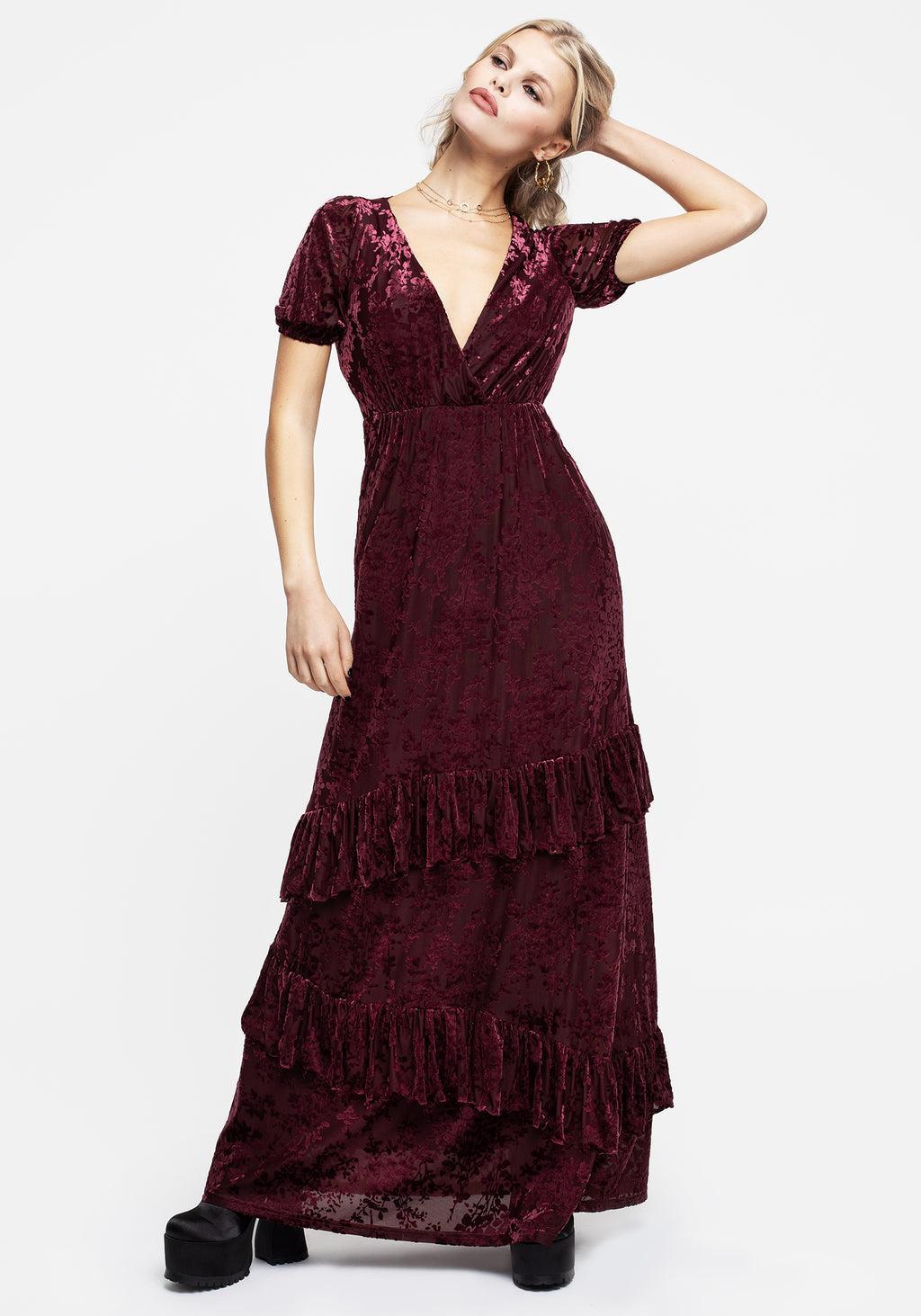 Monotropa Floral Flocked Velour Frill Midaxi Dress Product Image