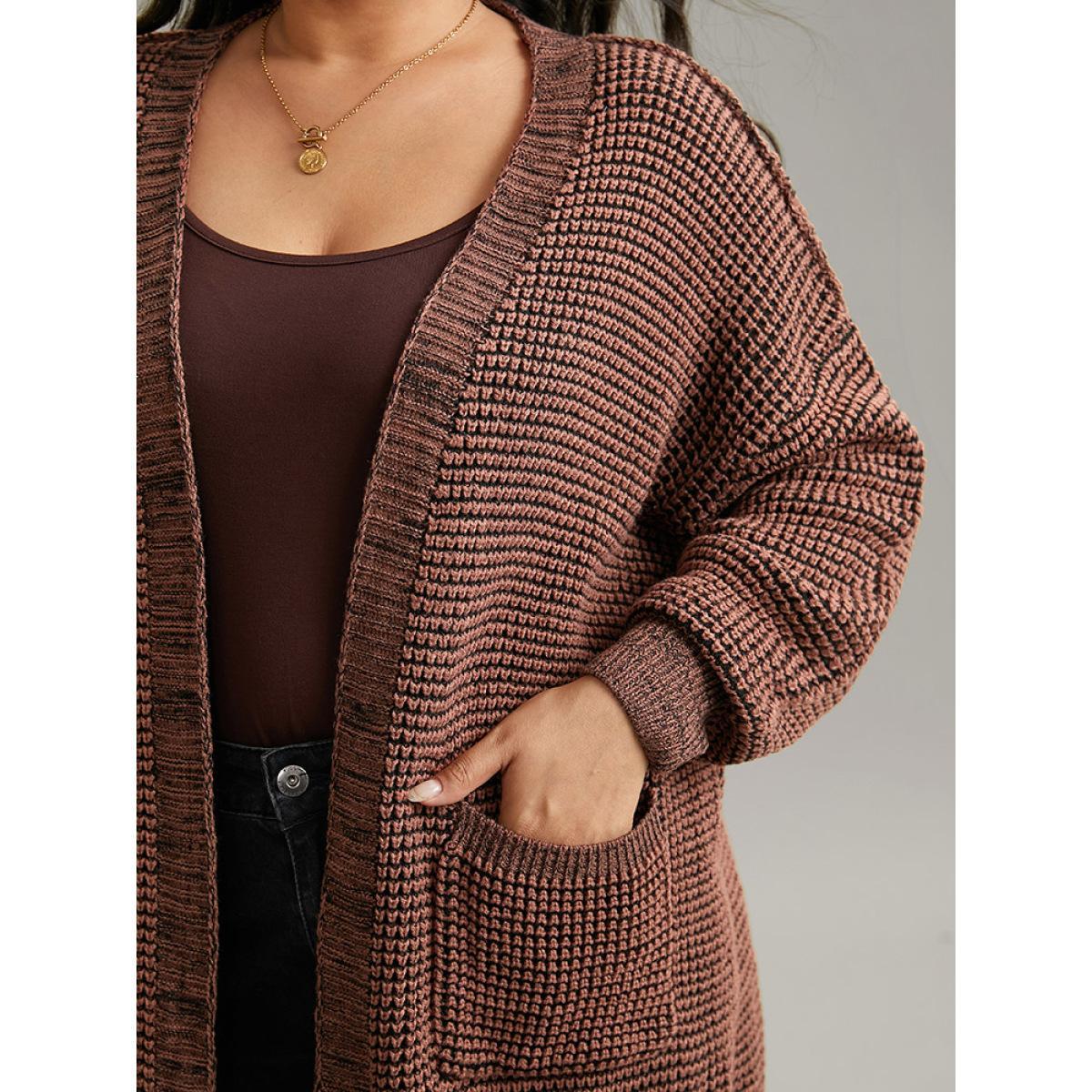 Plus Size Plisse Plain Patched Pocket Tunic Cardigan DarkBrown Women Casual Loose Long Sleeve Dailywear Cardigans BloomChic 28/5X Product Image