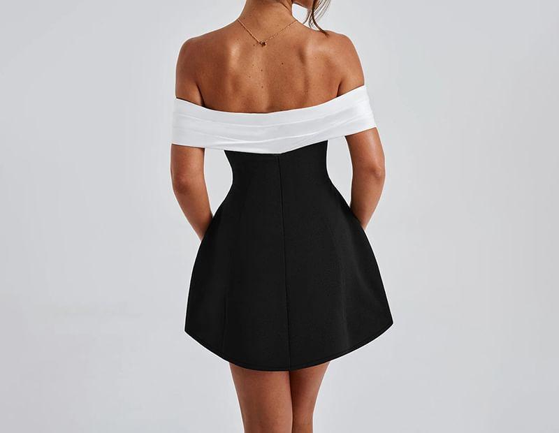 Off Shoulder Two Tone A-Line Mini Dress Product Image