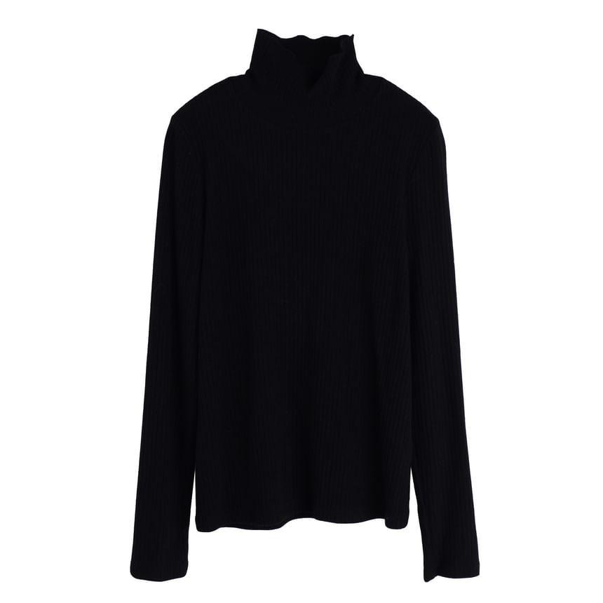 Plus Size Long-Sleeve Mock Neck Plain Ribbed Knit Top / V-Neck Fluffy Trim Vest / High Waist Midi Straight Skirt Product Image