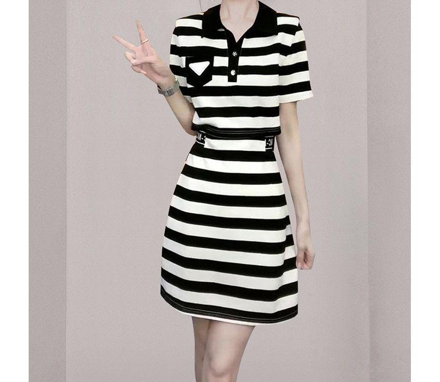 Short-Sleeve Striped Mock Two Piece Mini A-Line Polo Dress Product Image