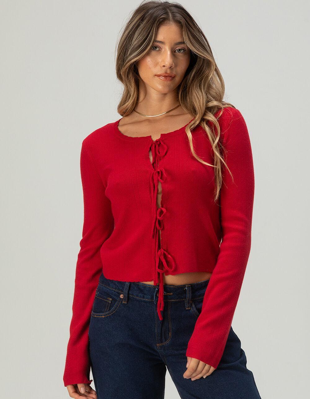 FULL TILT 3 Tie Front Womens Pointelle Cardigan - BLACK Product Image