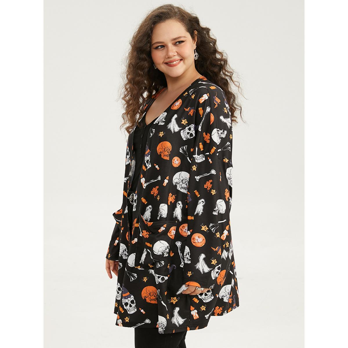 Plus Size Halloween Graphic Patched Pocket Tunic Kimono Women Black Casual Drape Pocket Dailywear Kimonos BloomChic 12/L Product Image
