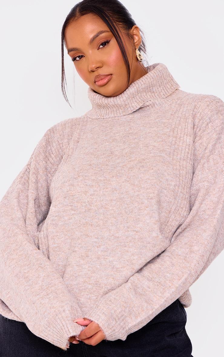 Plus Oatmeal Knitted Slouchy Roll Neck Sweater Product Image