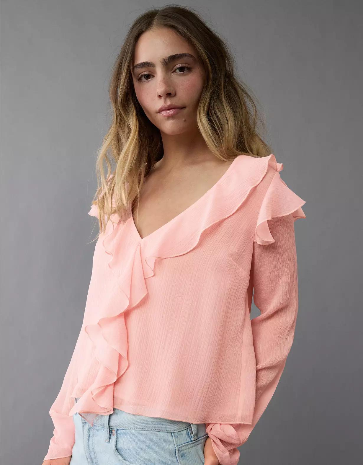 AE Chiffon Bell Sleeve Ruffle Blouse Product Image