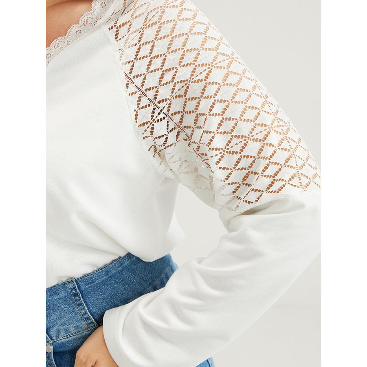 Plus Size Solid Contrast Lace	V Neck Long Tee White Women Elegant Patchwork Plain V-neck Dailywear T-shirts BloomChic 18-20/2X Product Image