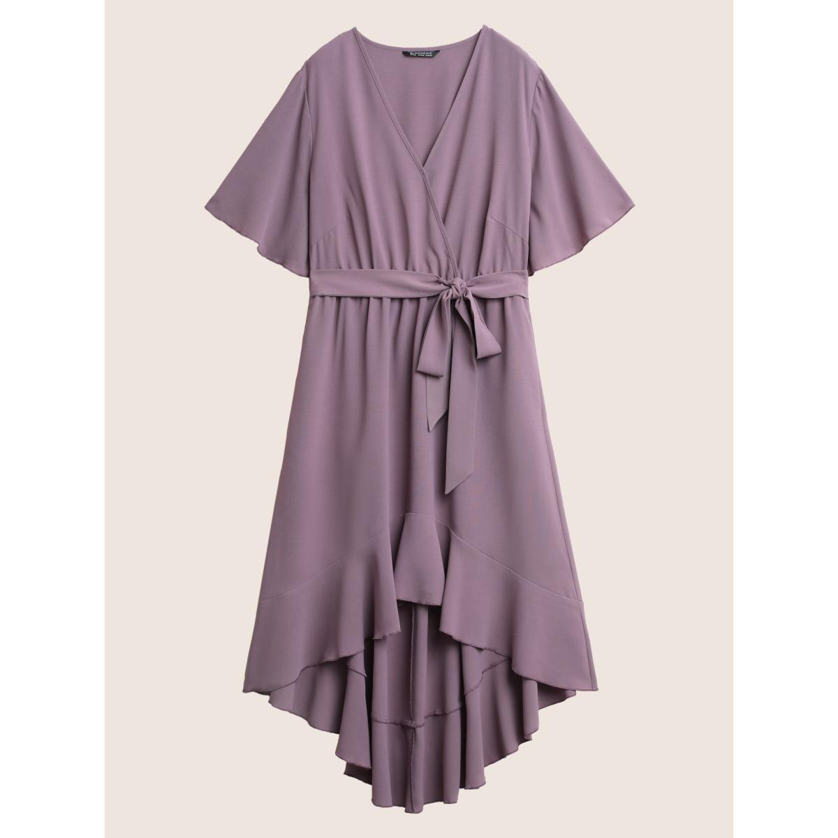 Plus Size Bloom Dress - Solid Tie Surplice Ruffle High Low Dress Plum Women Elegant Cross straps V-neck Short sleeve Curvy Midi Dress BloomChic 18/2X Product Image