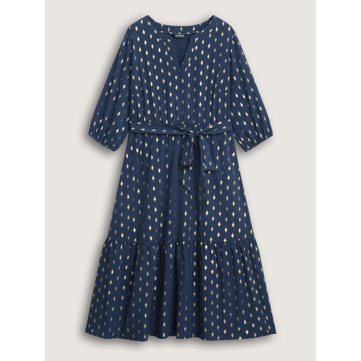Plus Size Glitter Notched Lantern Sleeve Midi Dress Indigo Women Formal Gathered Notched collar Elbow-length sleeve Curvy BloomChic 26/4X Product Image