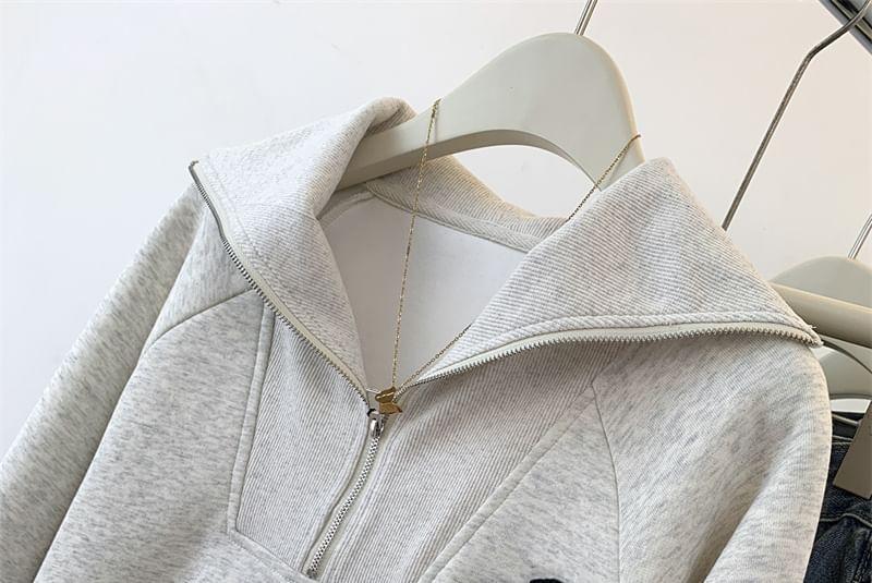 Long Sleeve Half-Zip Embroidered Plain Loose-Fit Pullover Product Image