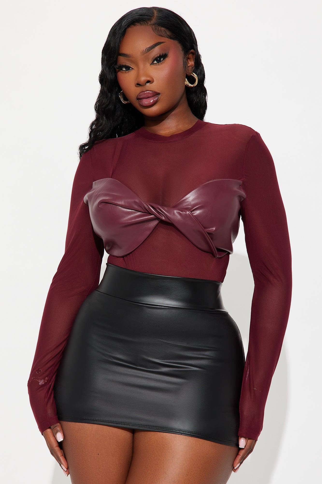 Best Of Luck Long Sleeve Twist Mesh Bodysuit - Burgundy Female Product Image