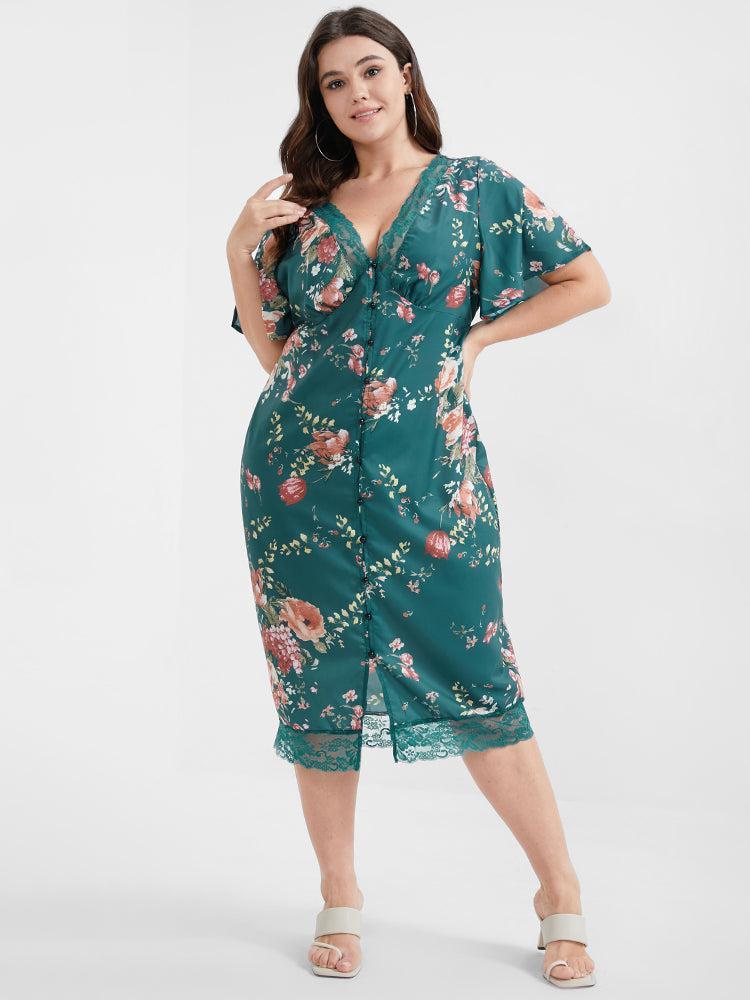 Floral V Neck Lace Button Bodycon Dress Female Product Image